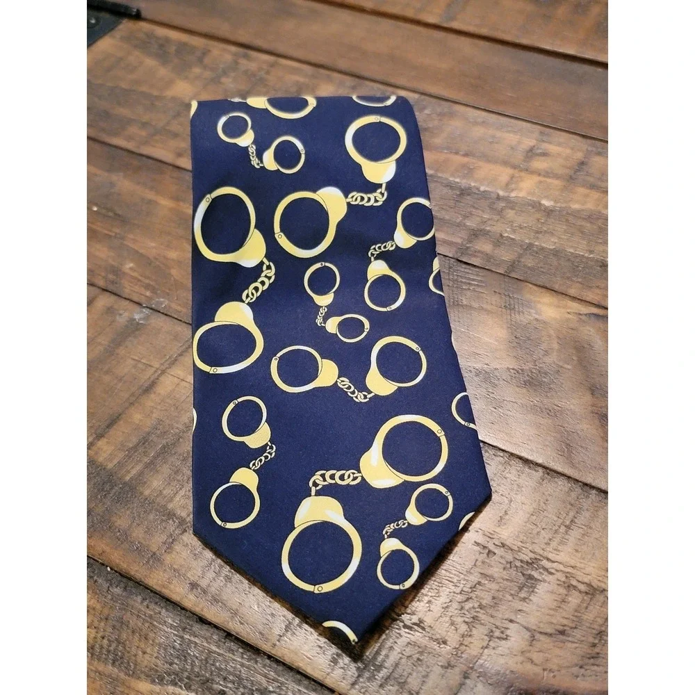 Parquet Navy Blue Gold Handcuff‎ Print Silk Blend Necktie